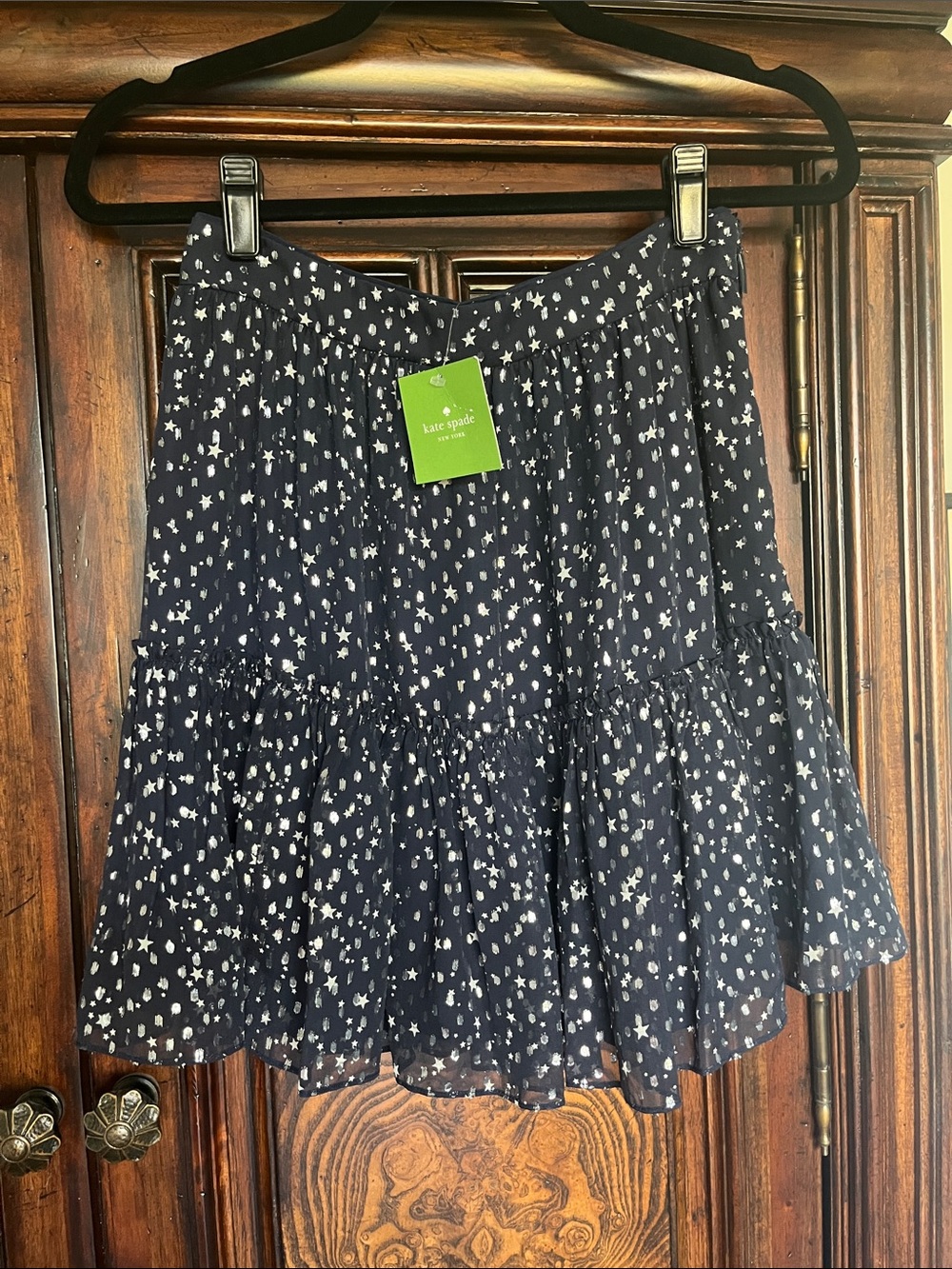 NWT Kate Spade Night Sky Lurex Dot Tiered Mini Skirt with Silver Stars